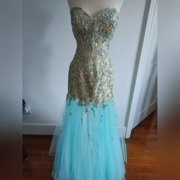 dark blue short formal dresses A-line V-neck Mint Blue Long Prom Dresses, Backless Evening Dresses Wi